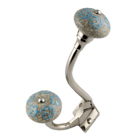 Sky Blue Floral Crackle Ceramic Silver Iron Hook